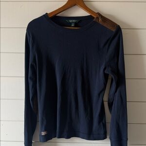 Lauren Ralph Lauren Dark Blue Top with Brown Accent on Elbows &Zipper Shoulder